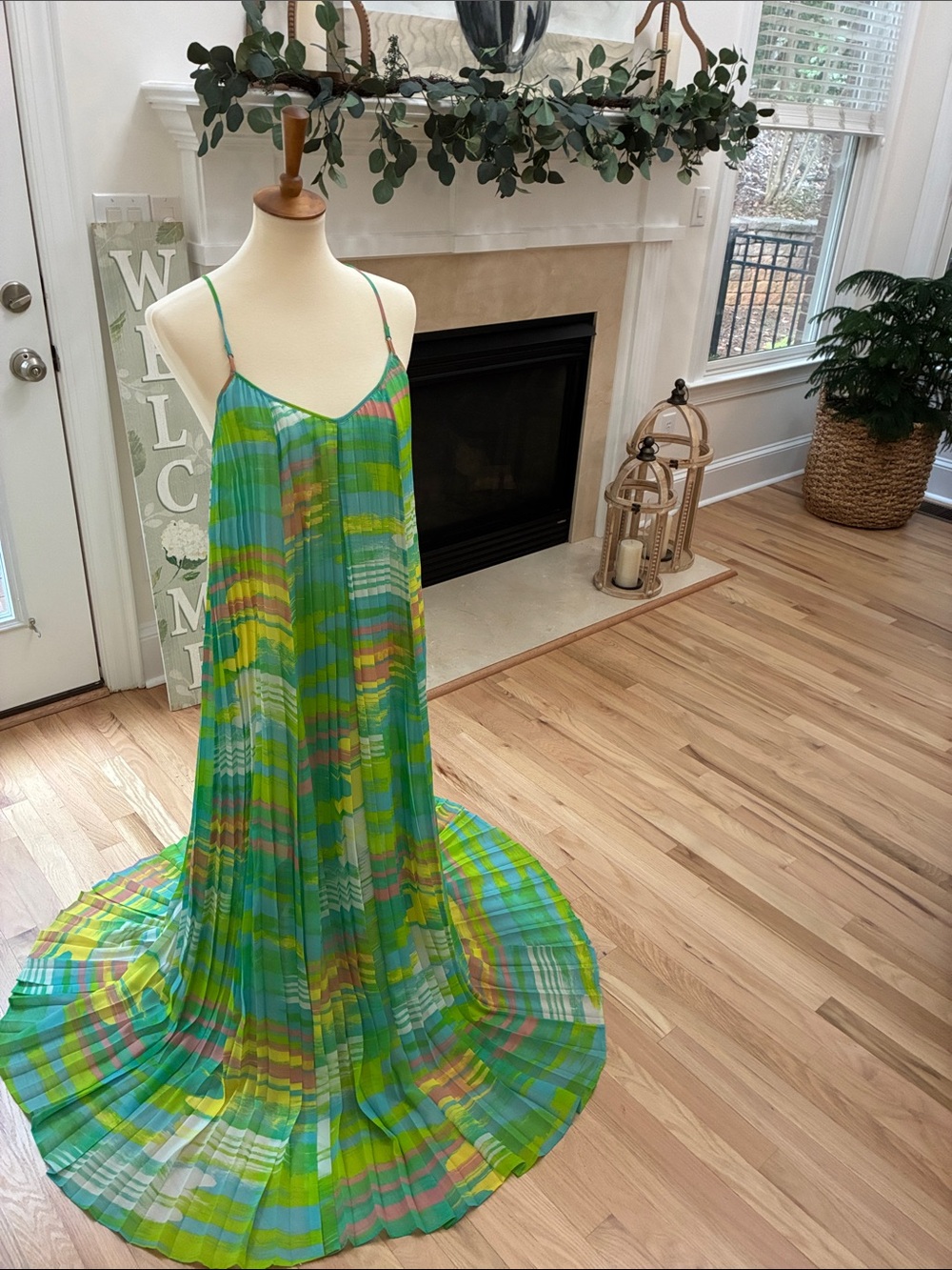 Tori Richard Green Multi-Stripe Pleated Maxi Slip Dress